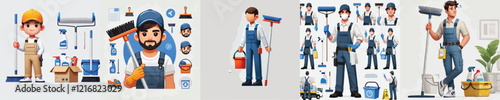vector set of janitor characters