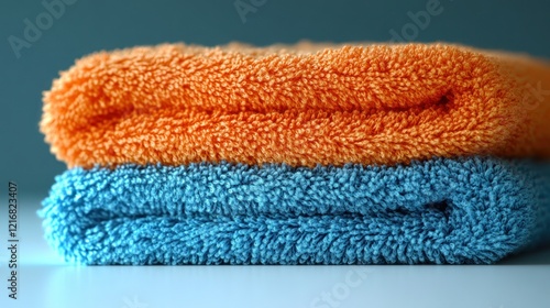 Folded orange and blue bath towels on table