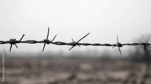 Wallpaper Mural A close-up of barbed wire against a foggy landscape, evoking a sense of isolation and desolation Torontodigital.ca