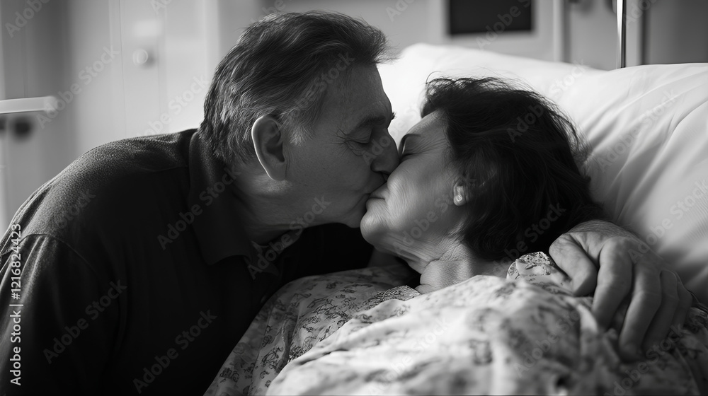 Mature couple kissing, couple in bed. Romantic couple love up. Adult couple looking at each other, valentine, lovers in a relationship, marriage, romance, child birth in the hospital care Mature couple kissing, couple in bed. Romantic couple love up. Adult couple looking at each other, valentine, lovers in a relationship, marriage, romance, child birth in the hospital care