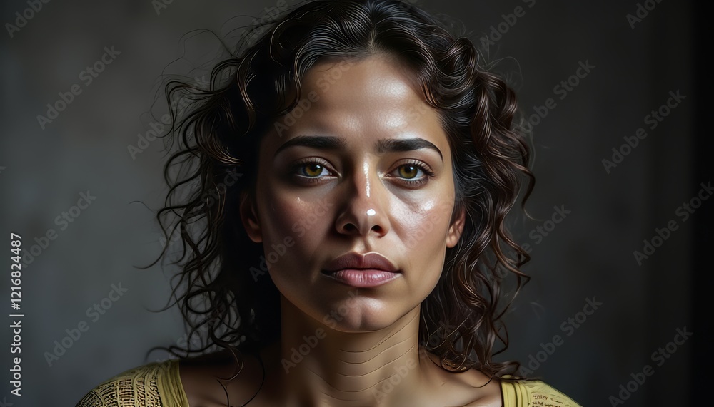 Close-up portrait of a young Hispanic woman with curly hair and glowing skin. Close-up portrait of a young Hispanic woman with curly hair and glowing skin.
