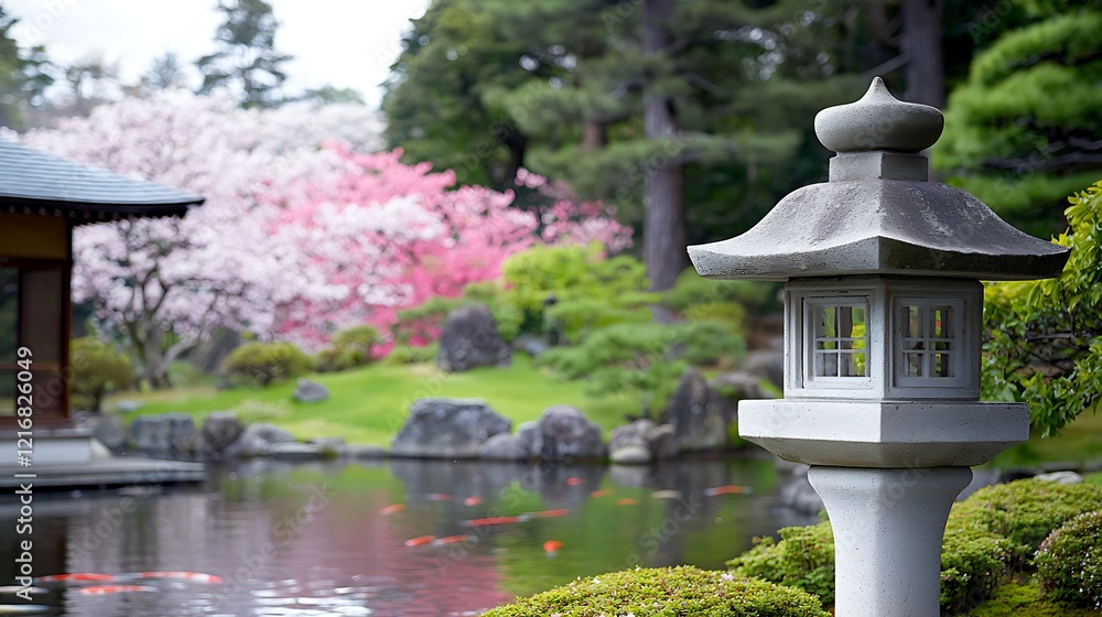 Serene Japanese Garden with Cherry Blossoms and Koi Pond Serene Japanese Garden with Cherry Blossoms and Koi Pond