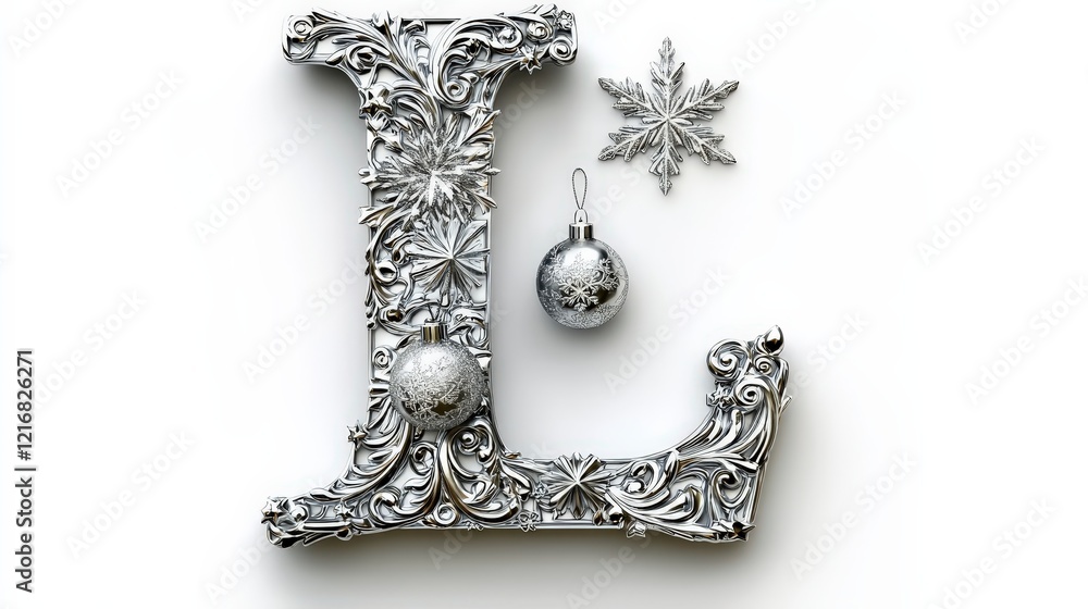 Fototapeta premium Ornate Letter L Decorated with Silver Christmas Ornaments and Snowflake