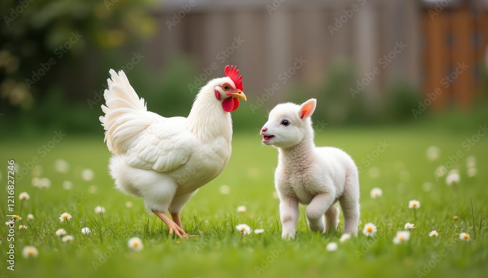 Fototapeta premium White Hen and Lamb in Spring Meadow: A Pastoral Scene