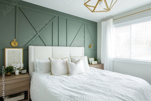 Modern Bedroom Design With Sage Green Walls And White Bedding