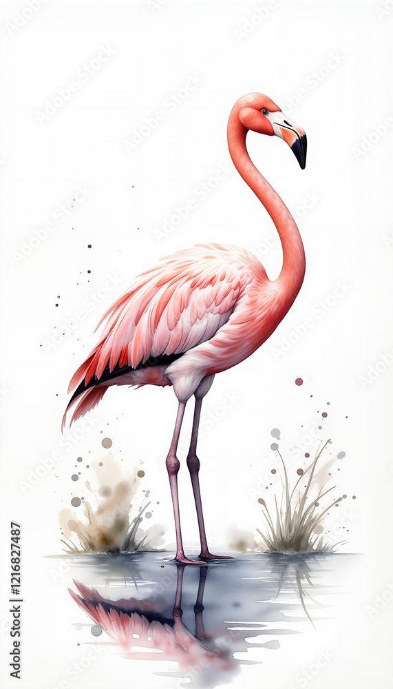 Fototapeta premium Flamboyant flamingo standing in tranquil lake at dusk, natural beauty