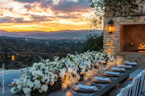 Romantic outdoor dinner setting at sunset, overlooking a city and mountains. White flowers decorate the long table. photo