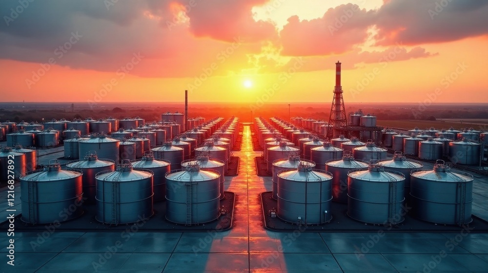 Sunset over Industrial Storage Tanks Rows of large metal cylindrical containers at an industrial facility, reflecting the vibrant colors of the setting sun, creating a dramatic and picturesque scene. Sunset over Industrial Storage Tanks Rows of large metal cylindrical containers at an industrial facility, reflecting the vibrant colors of the setting sun, creating a dramatic and picturesque scene.