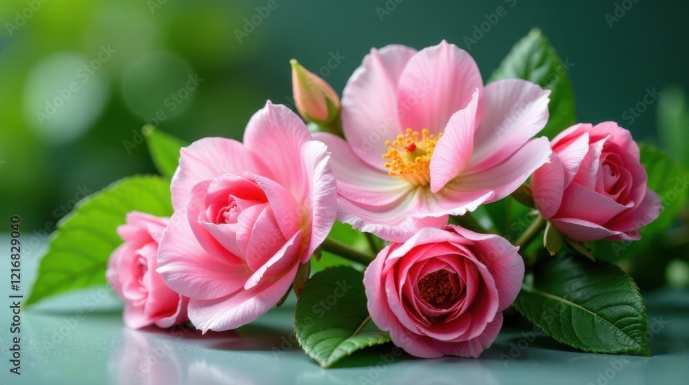 A Delicate Cluster of Pink Roses with Lush Green Foliage, Exquisitely Arranged on a Smooth Surface A Delicate Cluster of Pink Roses with Lush Green Foliage, Exquisitely Arranged on a Smooth Surface