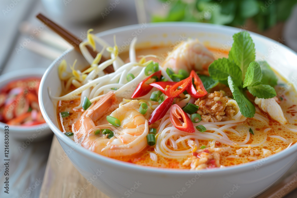 Authentic Southeast Asian Laksa Noodle Soup Served in a Bowl with Shrimp, Boiled Egg, Tofu Puffs, Bean Sprouts and Fresh Herbs in a Spicy Coconut Curry Broth Authentic Southeast Asian Laksa Noodle Soup Served in a Bowl with Shrimp, Boiled Egg, Tofu Puffs, Bean Sprouts and Fresh Herbs in a Spicy Coconut Curry Broth