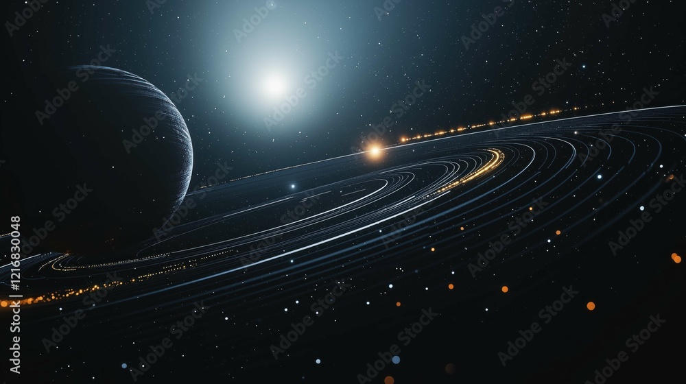 Fototapeta premium A sleek satellite orbiting the universe with glowing edges, planets surrounding it, and minimalist stars on a dark background