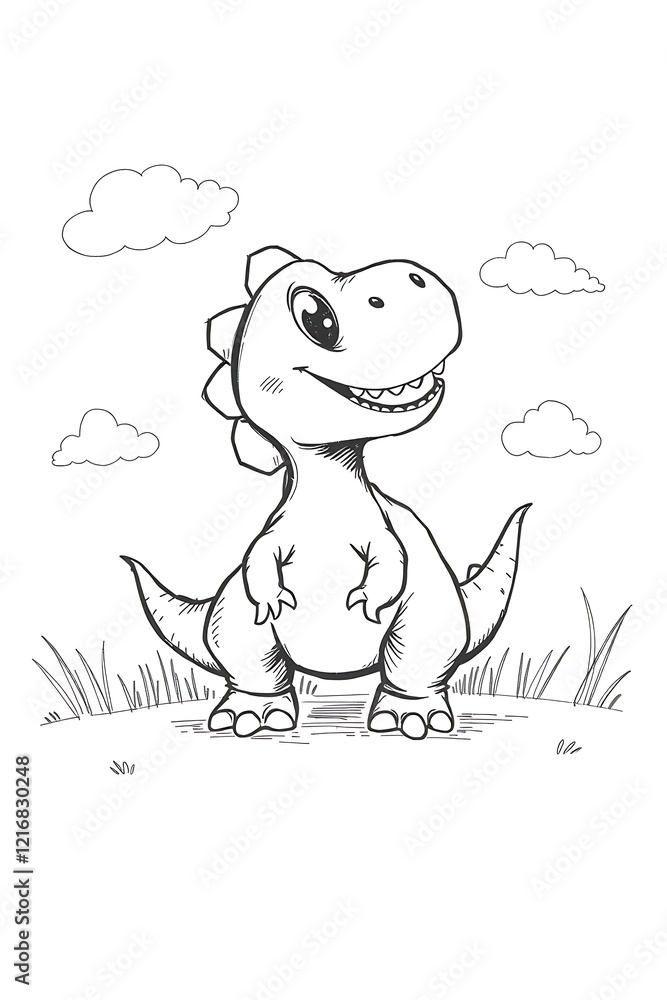 playful dinosaur standing in a grassy field with a cheerful look, black and white illustration for children's coloring books playful dinosaur standing in a grassy field with a cheerful look, black and white illustration for children's coloring books