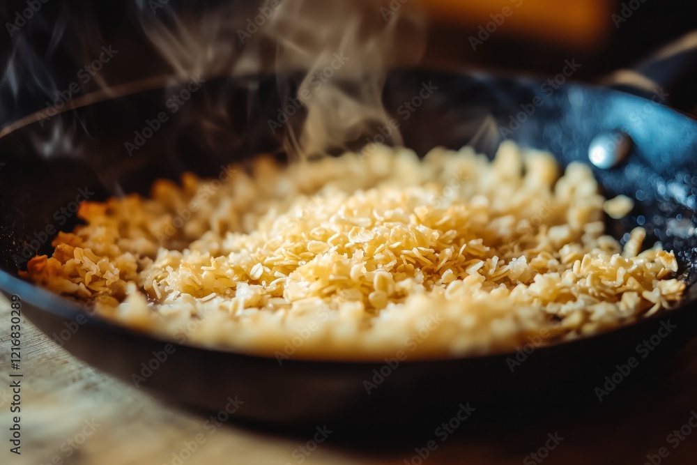 Golden oats simmering in a pan, steam rising. A close-up shot of a delicious and healthy breakfast preparation. Golden oats simmering in a pan, steam rising. A close-up shot of a delicious and healthy breakfast preparation.