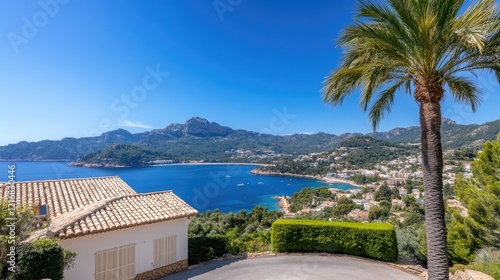 Wallpaper Mural Stunning view of Port de Soller featuring palm trees, a tranquil bay, and lush hills against a clear blue sky on a sunny day Torontodigital.ca