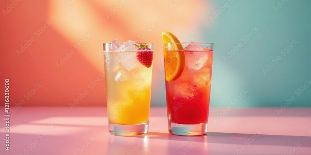 Refreshing Summer Beverages in Tall Glasses with Ice and Fruit Refreshing Summer Beverages in Tall Glasses with Ice and Fruit
