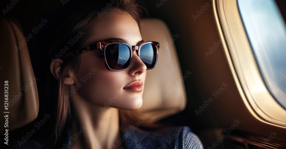 Portrait d'une femme jeune, belle et élégante portant des lunettes de soleil et une tenue classe, assise dans un jet privé et regardant par le hublot. Portrait d'une femme jeune, belle et élégante portant des lunettes de soleil et une tenue classe, assise dans un jet privé et regardant par le hublot.