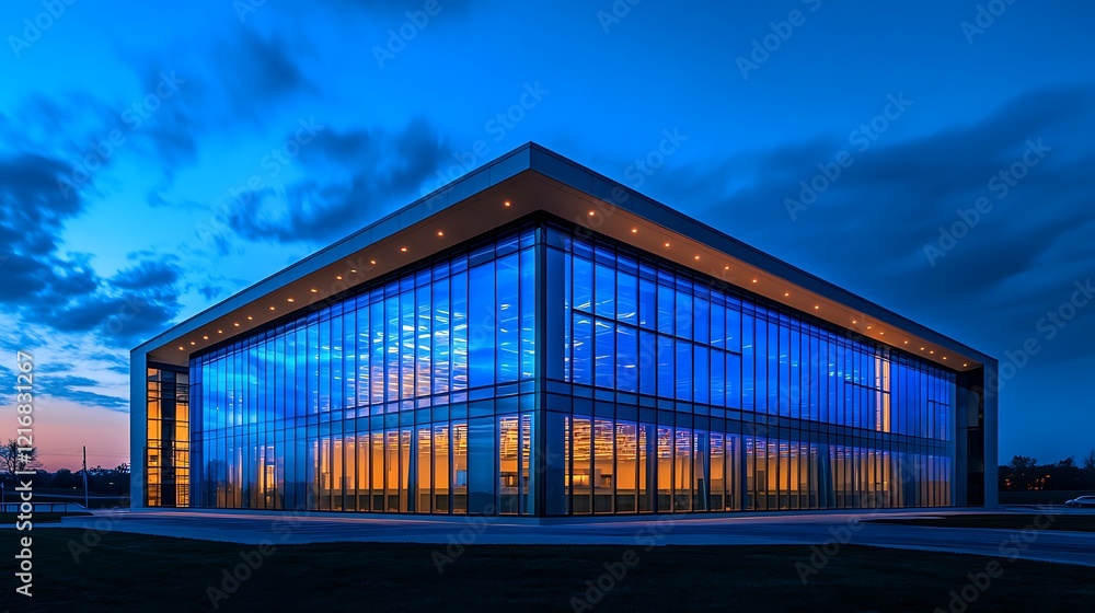 A building with large glass windows, glowing from the inside with bright blue light. A building with large glass windows, glowing from the inside with bright blue light.