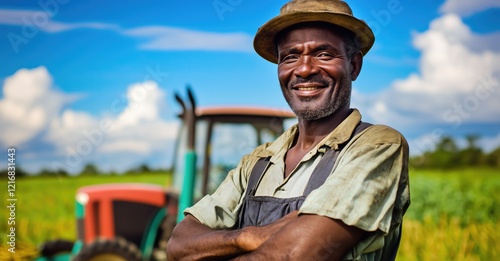 Un fermier afro-américain souriant, portant un chapeau, debout, les bras croisés, devant un tracteur dans un champ, avec un ciel bleu et un fond de culture. photo