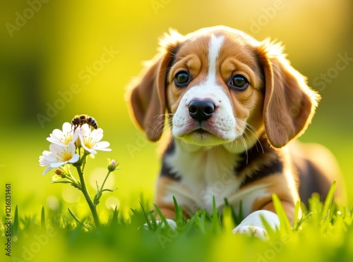 Beagle Puppy, Meadowsweet, Bee, Summer Lawn photo