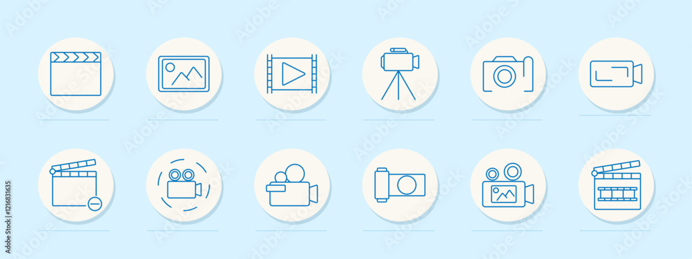 Cinema set icon. Clapperboard, image frame, film reel, camera, tripod, recording, editing tools. Represent filmmaking, photography, and video production Cinema set icon. Clapperboard, image frame, film reel, camera, tripod, recording, editing tools. Represent filmmaking, photography, and video production
