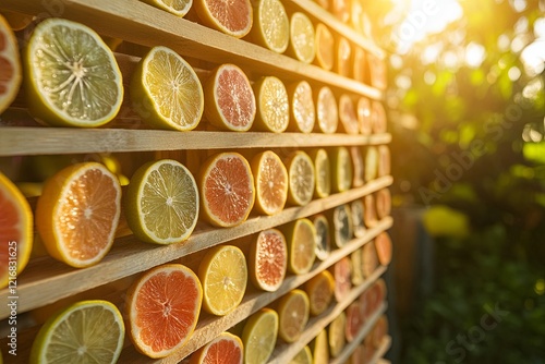 A clean wooden rack with sliced fruit drying in soft outdoor sunlight. picture photo