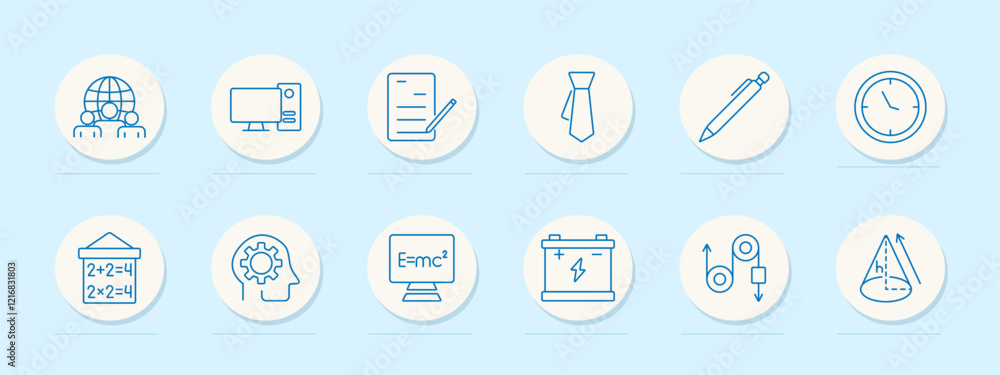 Education set icon. Globe, computer, document, tie, pen, clock, board, brain gear, formula, battery, physics diagram. Represent learning, time management, and academic concepts Education set icon. Globe, computer, document, tie, pen, clock, board, brain gear, formula, battery, physics diagram. Represent learning, time management, and academic concepts