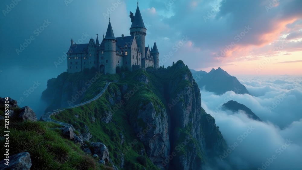 A Majestic Castle Perched High Atop a Verdant Mountain Peak, Enveloped in a Serene Sea of Clouds at Dawn A Majestic Castle Perched High Atop a Verdant Mountain Peak, Enveloped in a Serene Sea of Clouds at Dawn