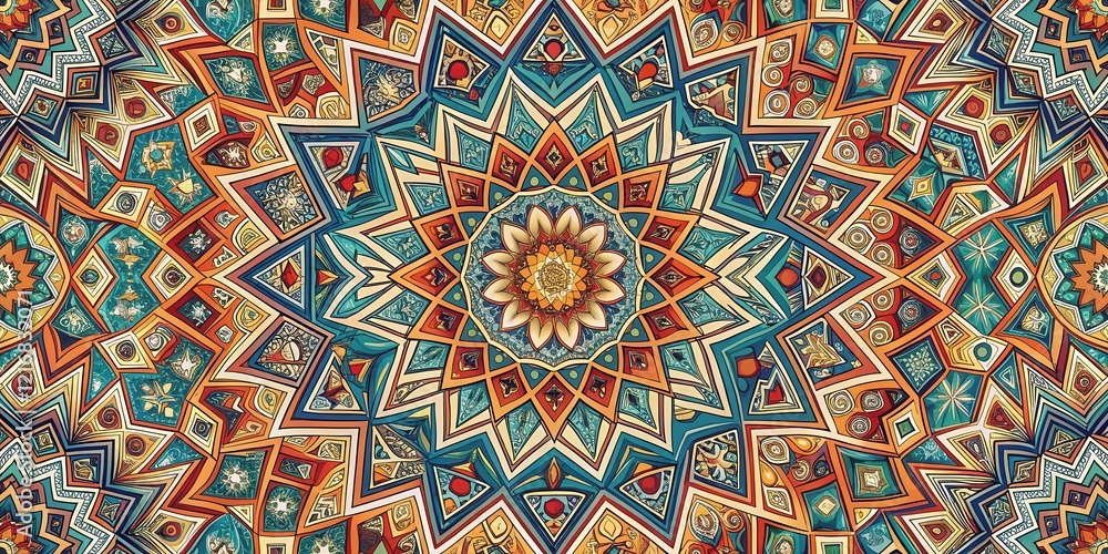 Geometric abstract shape with intricate design elements and various colors combined to create a visually appealing seamless background pattern, geometric, repeating Geometric abstract shape with intricate design elements and various colors combined to create a visually appealing seamless background pattern, geometric, repeating