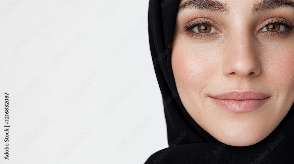 Beautiful Woman in Black Hijab Smiling with Natural Makeup Beautiful Woman in Black Hijab Smiling with Natural Makeup