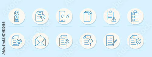 Documents set icon. ID badge, checklist, mobile mail, folders, alert, clipboard, star document, envelope, financial paper, heart document. Represent communication, management, and documentation