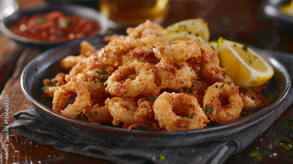 A plate of mouthwatering crispy fried calamari, paired with rich marinara sauce and refreshing lemon wedges for a perfect snack A plate of mouthwatering crispy fried calamari, paired with rich marinara sauce and refreshing lemon wedges for a perfect snack