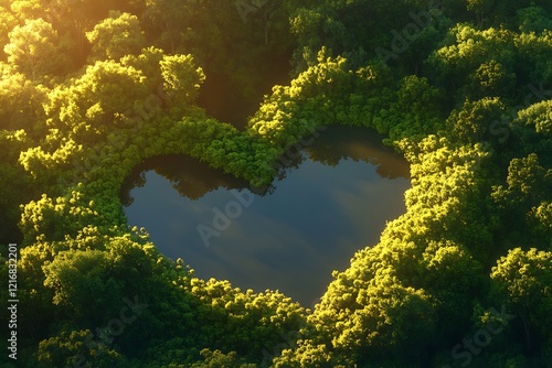 A heart-shaped lake surrounded by dense green trees, bathed in warm, golden light, creating a serene atmosphere.