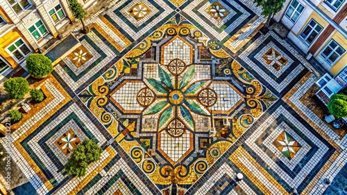 Aerial View of Vibrant Portuguese Mosaic Pavement, Lisbon Street Art, Detailed Colorful Tile Design