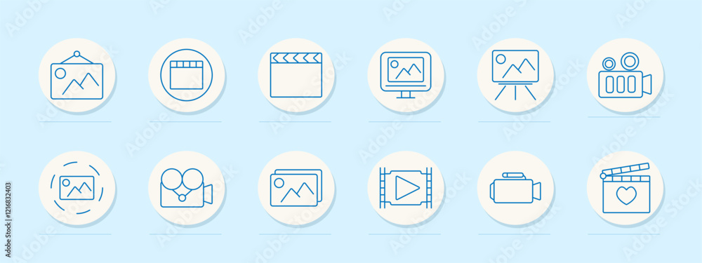 Cinema set icon. Picture frame, clapperboard, monitor, tripod, camera, film reel, play button, heart symbol. Represent video production, creativity, and storytelling in cinema Cinema set icon. Picture frame, clapperboard, monitor, tripod, camera, film reel, play button, heart symbol. Represent video production, creativity, and storytelling in cinema