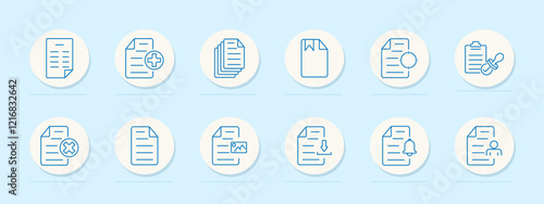 Documents set icon. Paper, medical document, stack of papers, bookmark, clipboard stamp, cancellation, image paper, download, notification, user document. Organization, approvals, record management