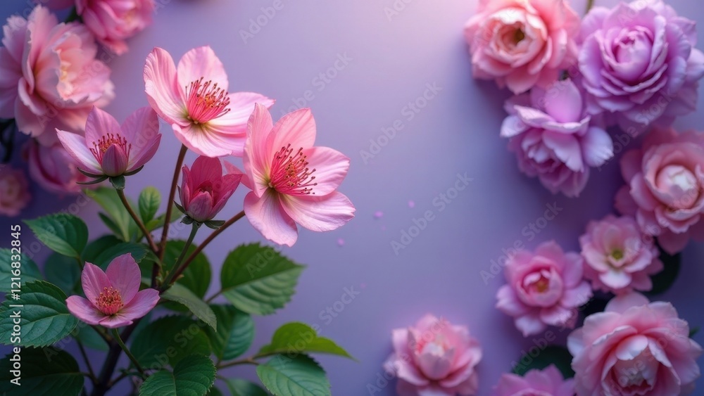 custom made wallpaper toronto digitalDelicate Pink Blossoms and Roses Arranged on a Lavender Background, a Serene Floral Display