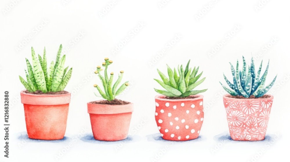 Obraz premium A collection of vibrant potted succulents in assorted terracotta pots, showcasing various shapes and textures, ideal for home decor and gardening inspiration.