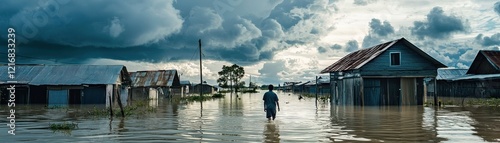 A lone figure walks through a flooded village, surrounded by submerged houses and a dramatic sky. The scene highlights the impact of climate change and natural disasters. photo