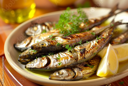 Sardinhas assadas - portuguese food. Grilled sardines. photo