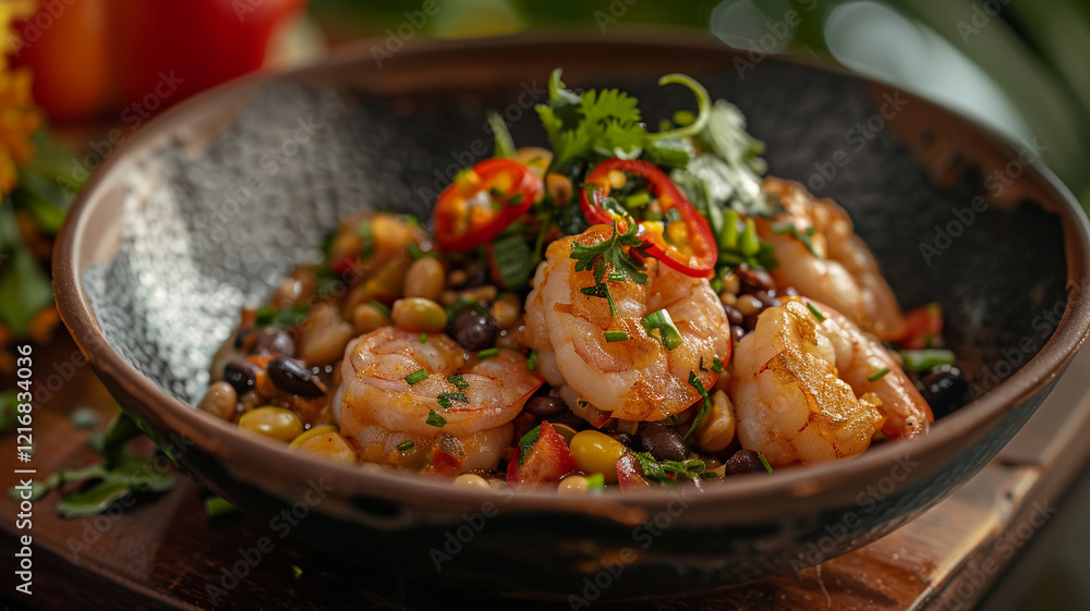 A serving of Brazilian acarajé, black-eyed pea fritters filled with shrimp and spices A serving of Brazilian acarajé, black-eyed pea fritters filled with shrimp and spices