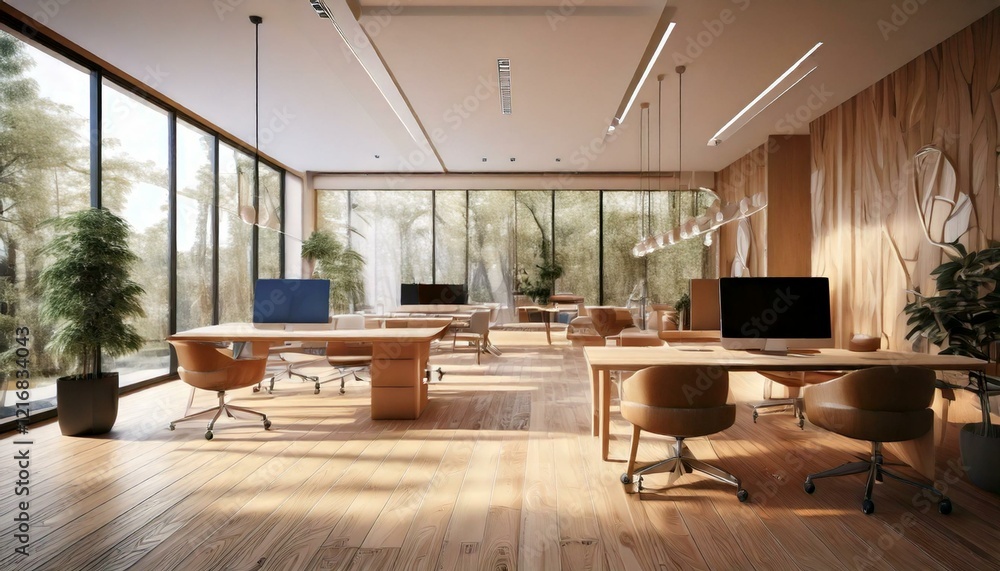 Fototapeta premium Modern open space office with wooden elements and minimalist chairs on a bright interior background. 3D Rendering