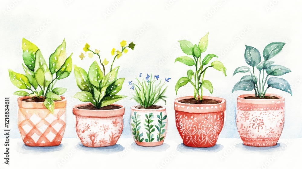 Fototapeta premium A vibrant collection of five potted plants showcasing various leaf patterns and styles, perfect for adding a touch of nature to any space.