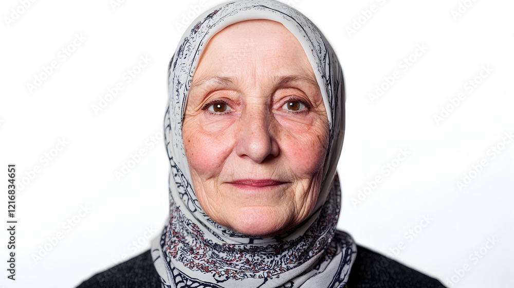 Portrait of an Older Woman in a Beautiful Headscarf with a Smile Portrait of an Older Woman in a Beautiful Headscarf with a Smile
