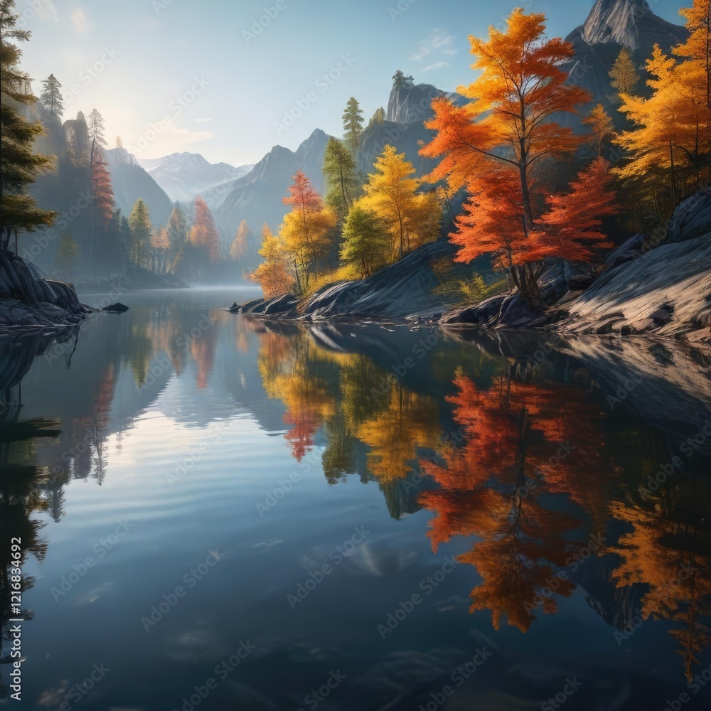 Gentle ripples disturb the mirror-like surface of the calm lake , lake scenery, calm environment Gentle ripples disturb the mirror-like surface of the calm lake , lake scenery, calm environment