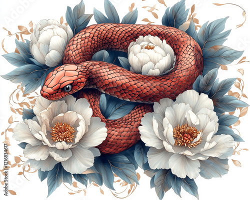 A striking red snake intricately coiled around delicate white peonies, presented in a minimalist Japanese-inspired tattoo design on a clean white background. photo