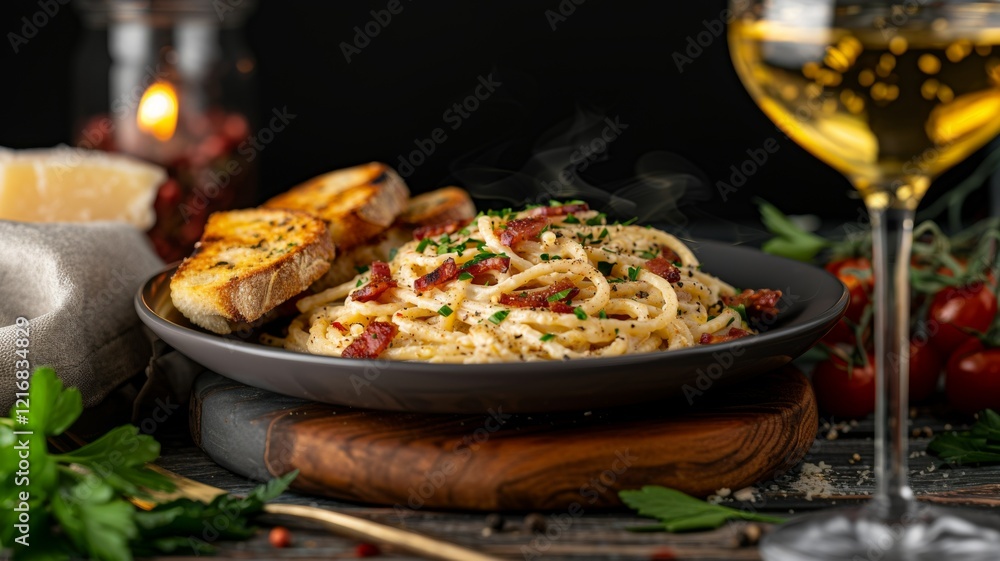 Spaghetti Carbonara: A plate of spaghetti tossed in a creamy sauce made from eggs, Parmesan cheese, and pancetta, garnished with fresh parsley and black pepper. Spaghetti Carbonara: A plate of spaghetti tossed in a creamy sauce made from eggs, Parmesan cheese, and pancetta, garnished with fresh parsley and black pepper.