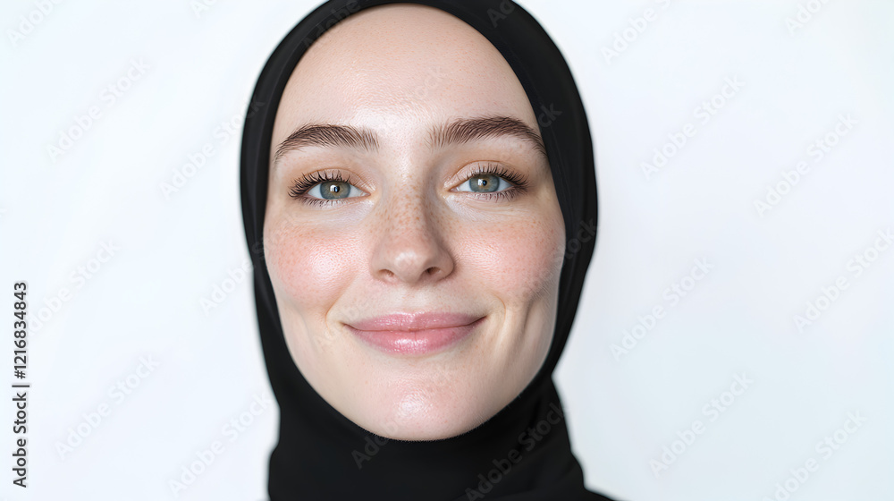 Beautiful Smiling Woman in Black Hijab with Natural Makeup Beautiful Smiling Woman in Black Hijab with Natural Makeup