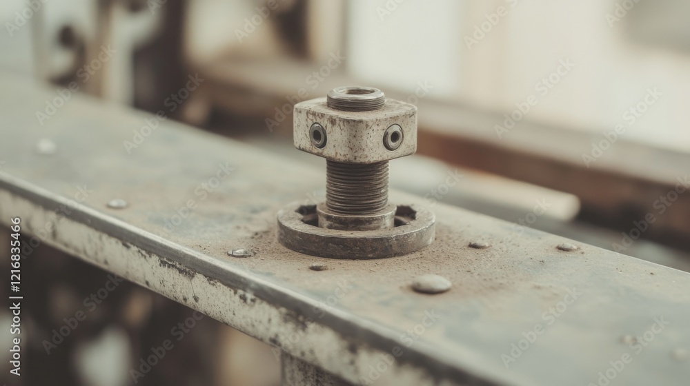 Close-up of a rusty industrial bolt on a dusty metal surface in a factory setting Close-up of a rusty industrial bolt on a dusty metal surface in a factory setting