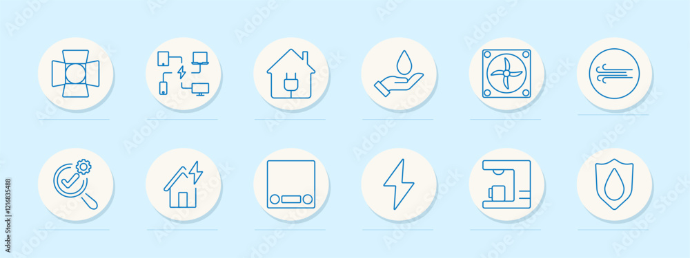 Utilities set icon. Spotlight, connected devices, power house, water hand, ventilation fan, air flow, inspection magnifier, power symbol, truck, bolt, machine, shield. Energy management, utilities Utilities set icon. Spotlight, connected devices, power house, water hand, ventilation fan, air flow, inspection magnifier, power symbol, truck, bolt, machine, shield. Energy management, utilities