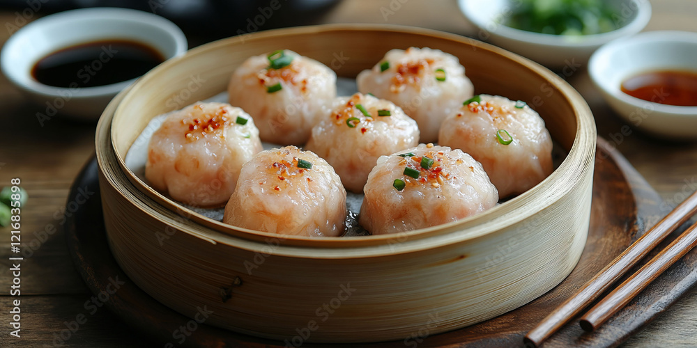 A close-up of bamboo steamers filled with dim sum, accompanied by bowls of sauce and chopsticks on a wooden table. The scene showcases traditional cuisine with warmth and authenticity. A close-up of bamboo steamers filled with dim sum, accompanied by bowls of sauce and chopsticks on a wooden table. The scene showcases traditional cuisine with warmth and authenticity.